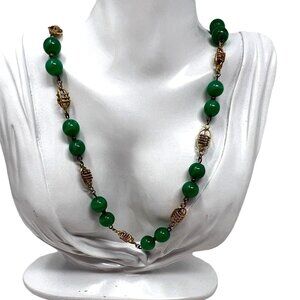 Vintage Necklace Green White Marbled Beads with Gold‎ Tone Open Station Spacers